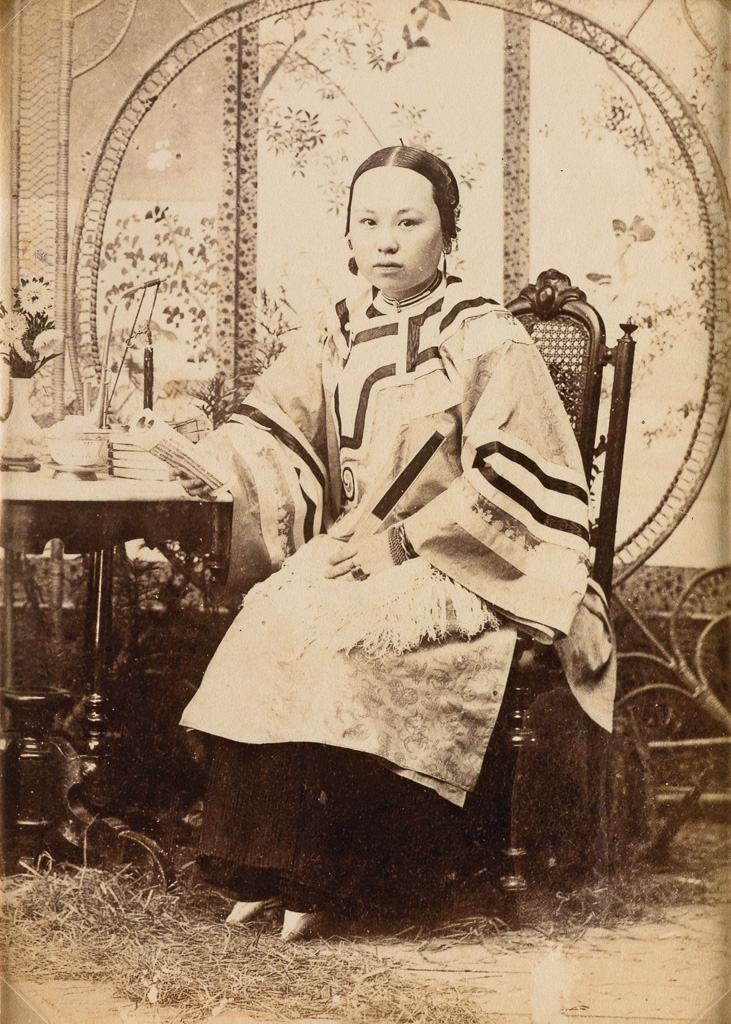 (CHINA) Group of 5 photographs of Chinese subjects, including a young woman whose tiny feet are visible.